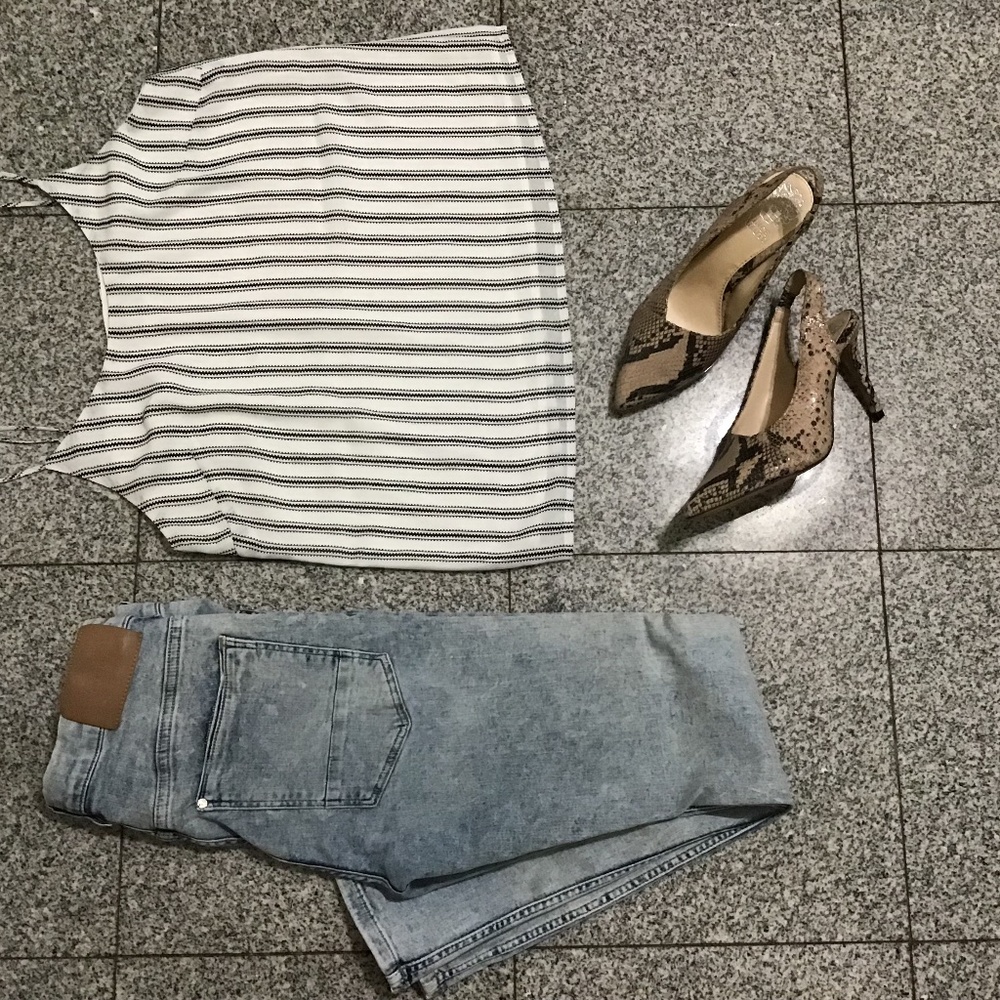 Skinny  denim jeans , spaghetti blouse , vince camuto sling back sandals